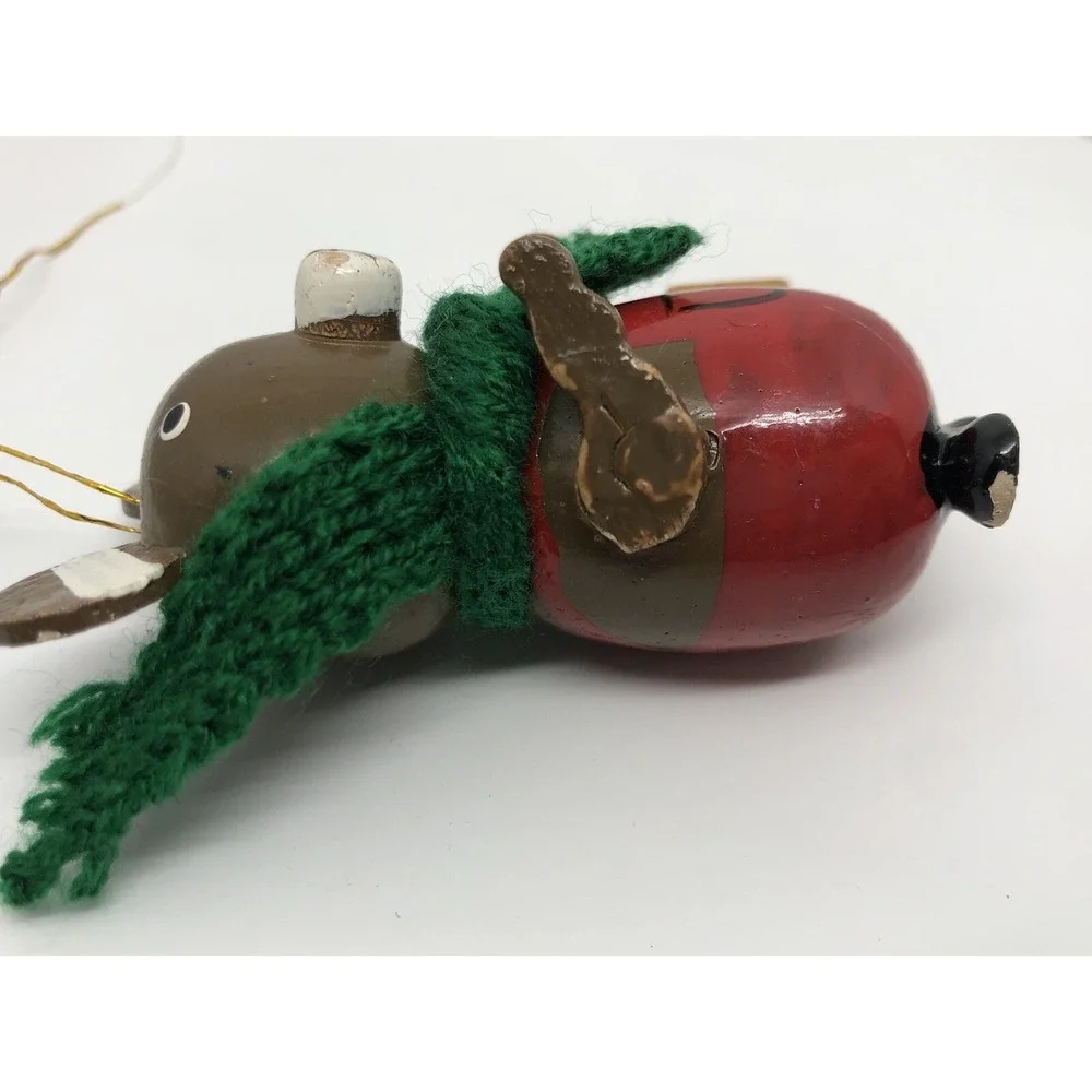 Vintage Wooden Hand Painted Bear Ornament Green Knitted Scarf 2.5